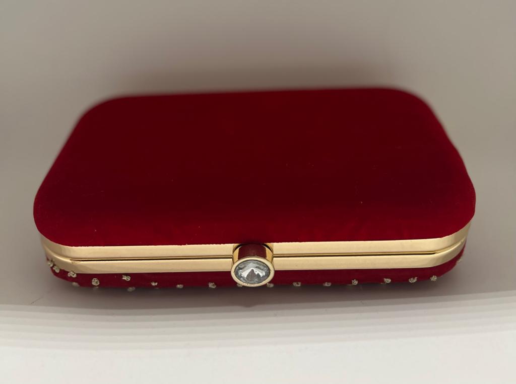 Red Satin Embroidered Box Clutch