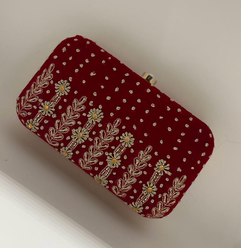 Red Satin Embroidered Box Clutch