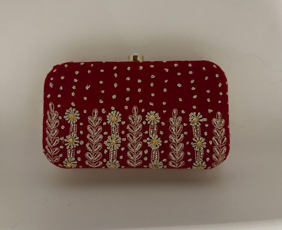 Red Satin Embroidered Box Clutch