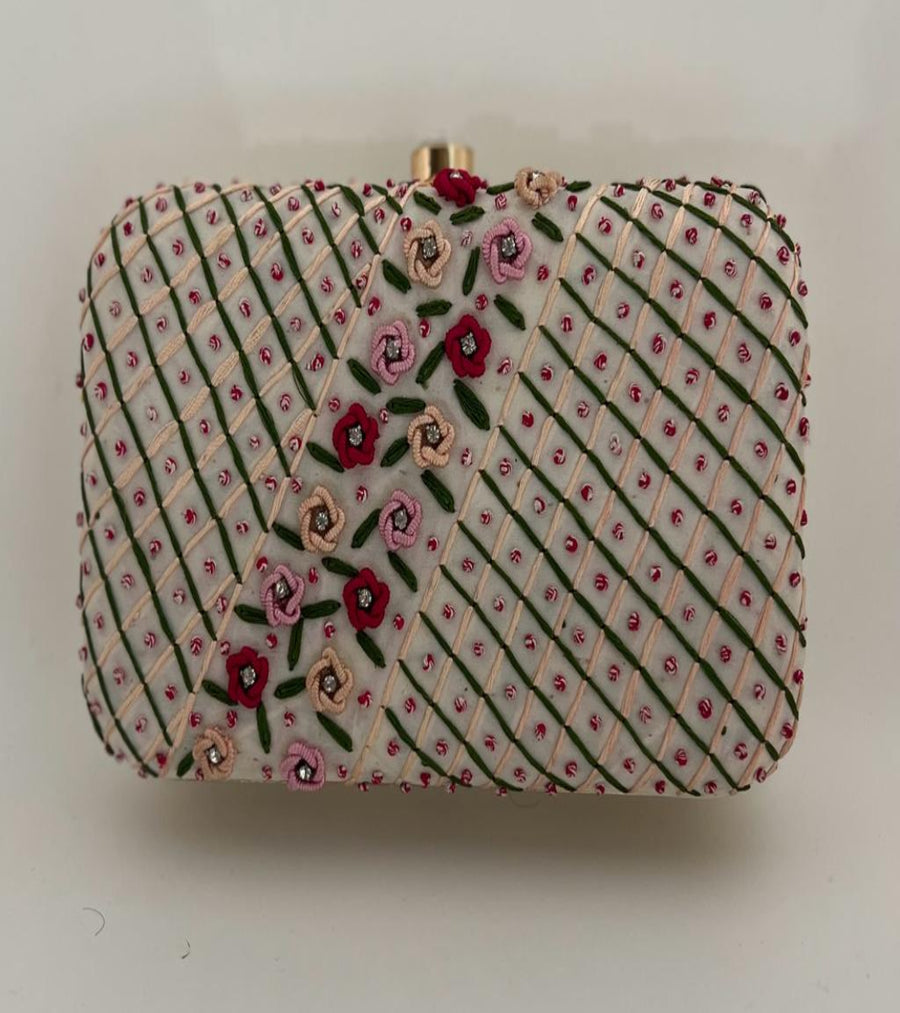 Ivory Silk Blend Thread Embroidered Clutch